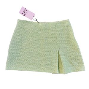 ZARA NWT Green Tweed Cotton Front Slit Mini Skirt Women’s Size Medium